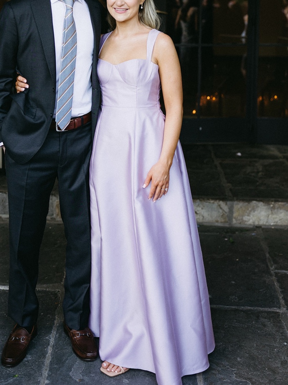ALFRED SUNG Lilac Satin Lace-Up Back A-Line Bridesmaid Dress - Picture 2 of 2